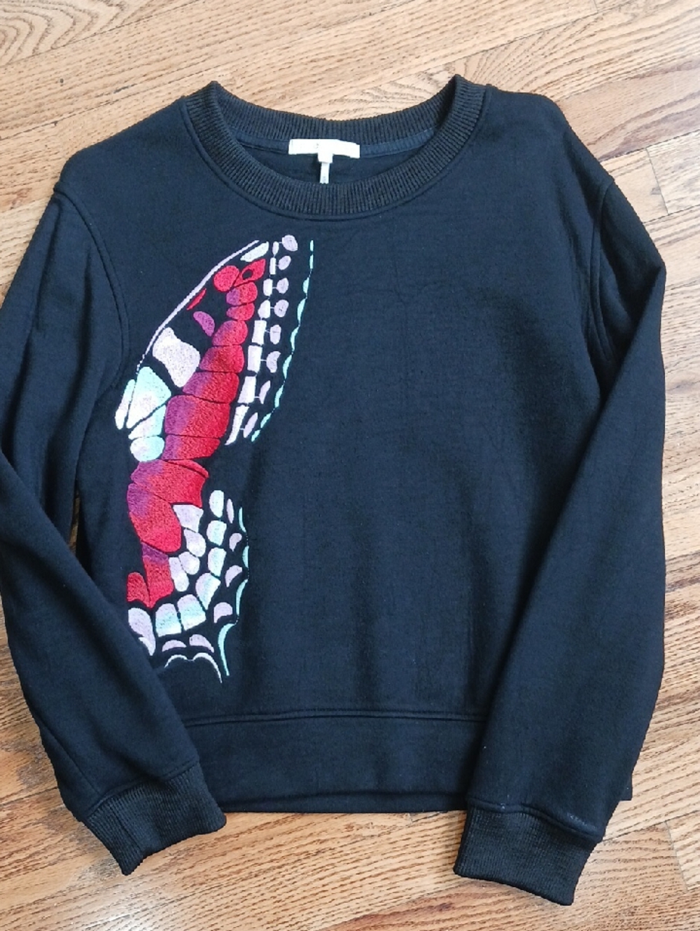 Womans sz 2 Maje Black Crewneck Sweater with Red & Pink Butterfly Wing Motif